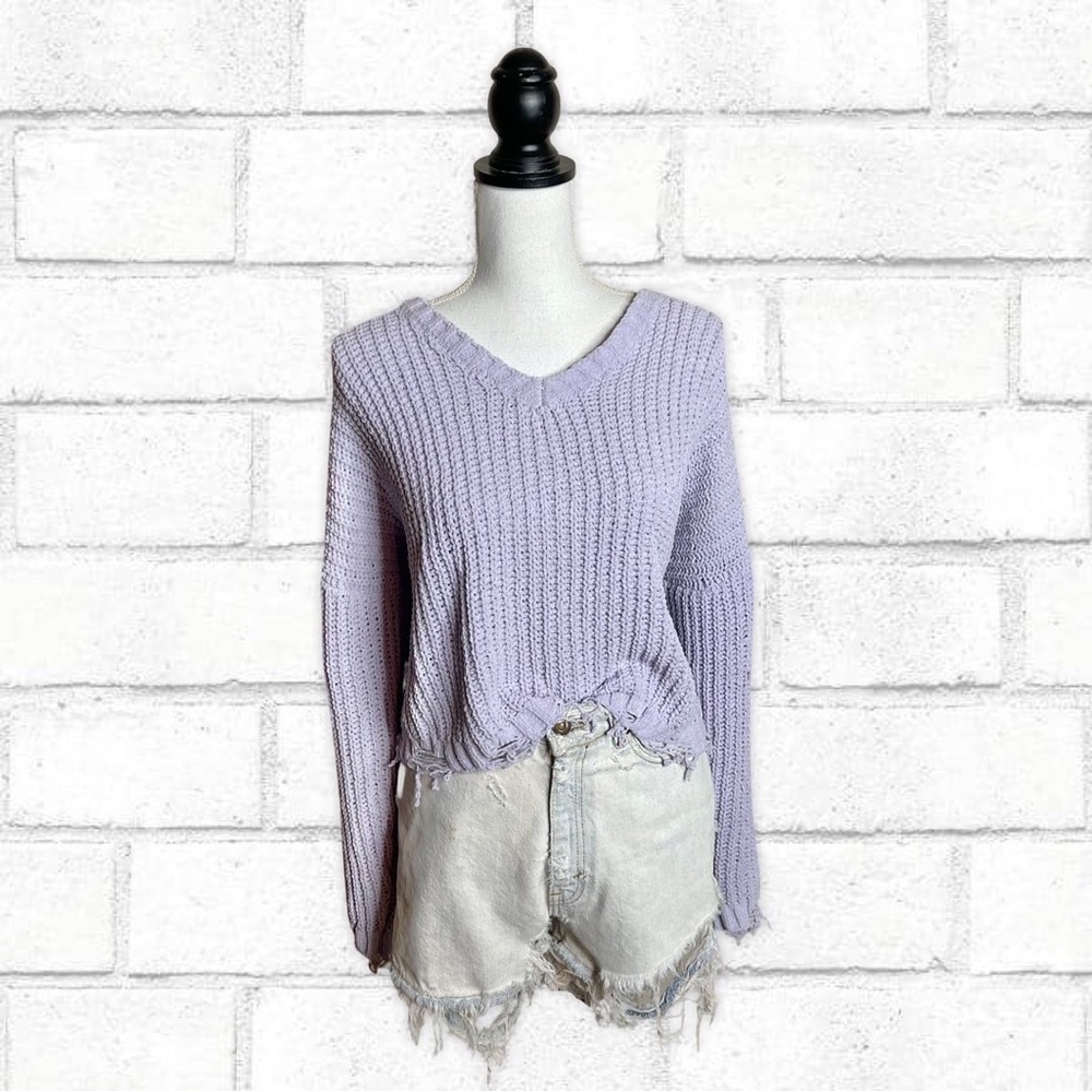 Derek Heart Lilac Lavender Light Purple Distressed Knit Sweater Lace Back Detail